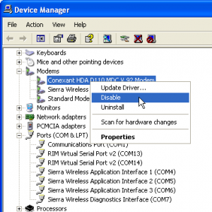 Disabling modem devices in Device Manager
